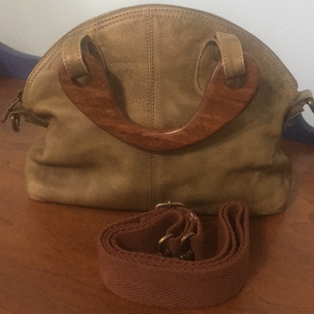 Distressed green leather purse w/ wooden handles